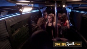 Mature desiring swinger couple has such fun in the party bus before kissing and giving naughty oral