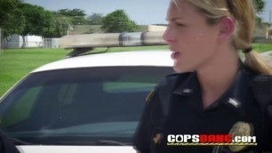 Two female busty mature milf cops in uniform share big black cock