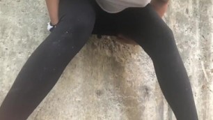 Teen Pees all over Wall outside in Tight Black Leggings