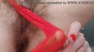 dirty talk from hot babe in sexy red panties fluffy bush sticks out of panties and big labia huge gaping cunt close-up expose yo