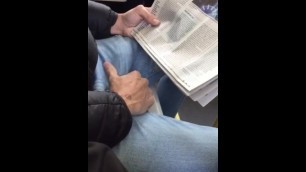 mature guy caught stroking his bulge on the bus